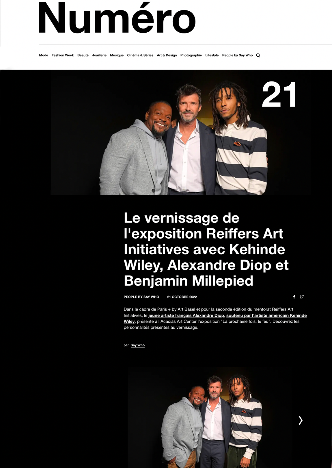 Le vernissage de l'exposition Reiffers Art Initiatives avec Kehinde Wiley, Alexandre Diop et Benjamin Millepied