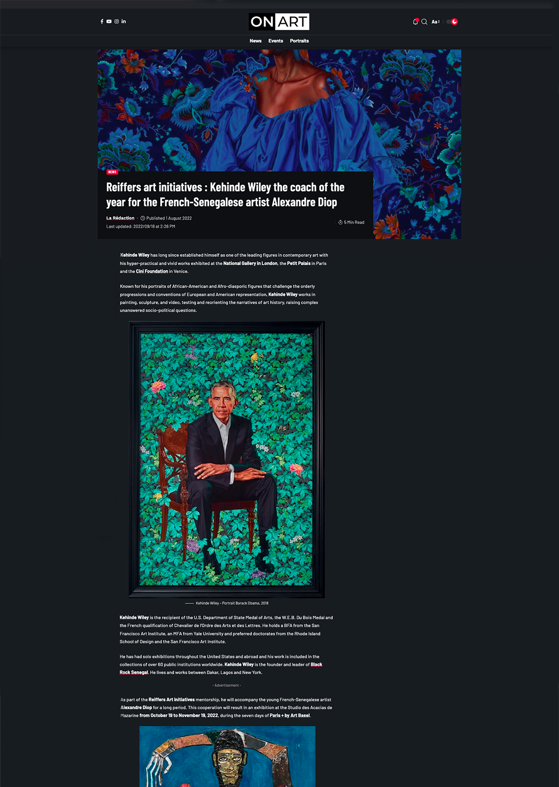 Reiffers art initiatives : Kehinde Wiley the coach of the year for the French-Senegalese artist Alexandre Diop