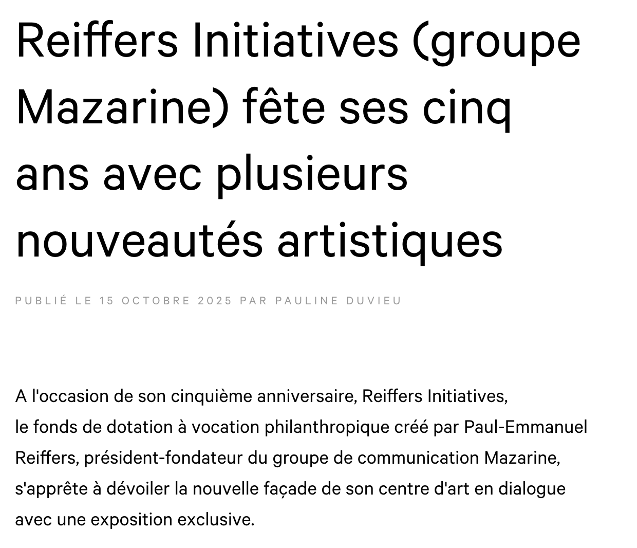 Reiffers Initiatives fête ses cinq ans avec plusieurs nouveautés artistiques