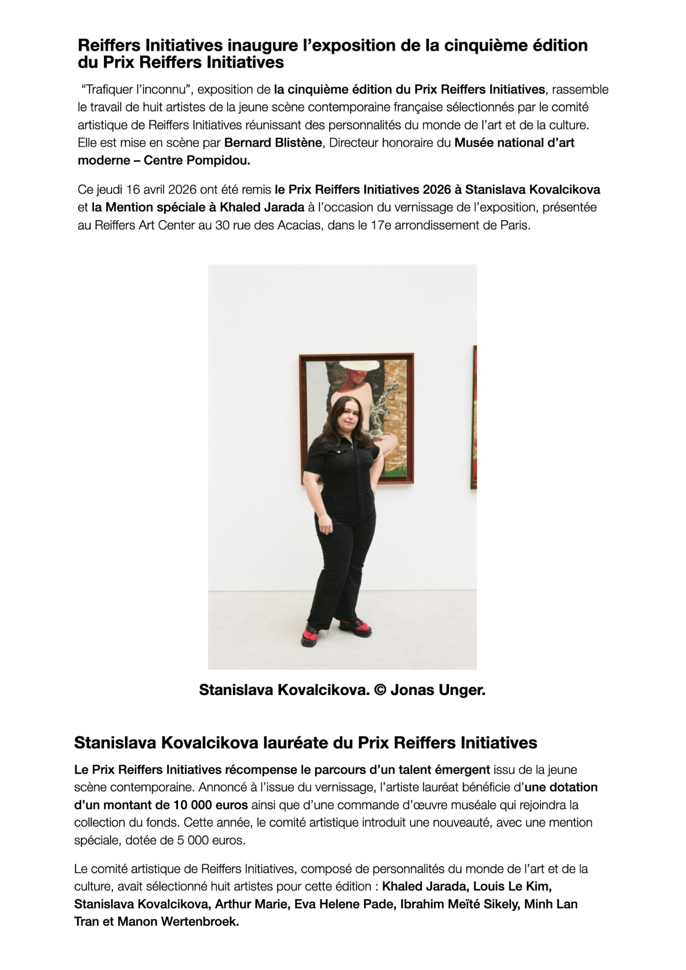 Le Prix Reiffers Initiatives récompense l'artiste Stanislava Kovalcikova