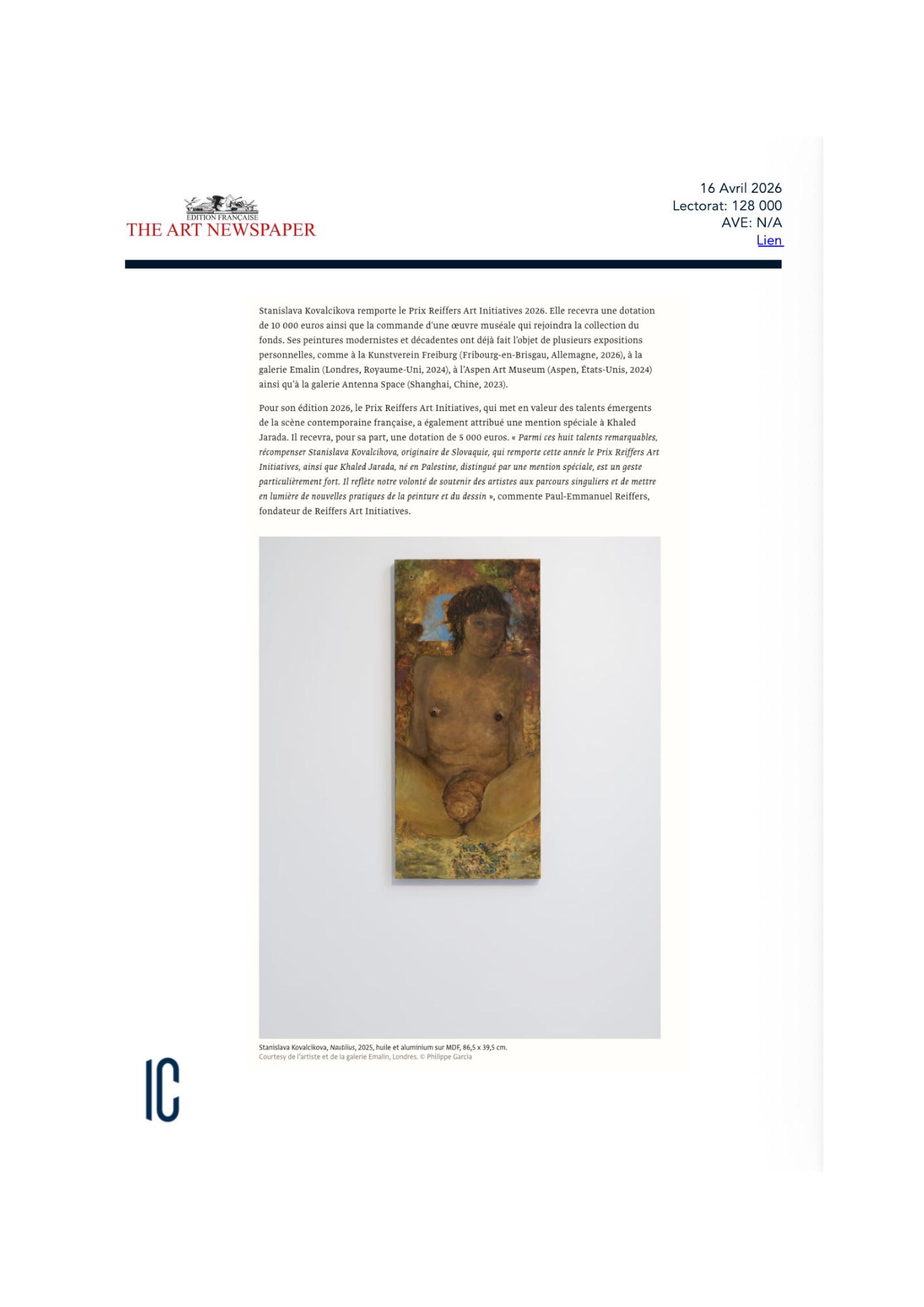 Stanislava Kovalcikova reçoit le Prix Reiffers Art Initiatives 2026