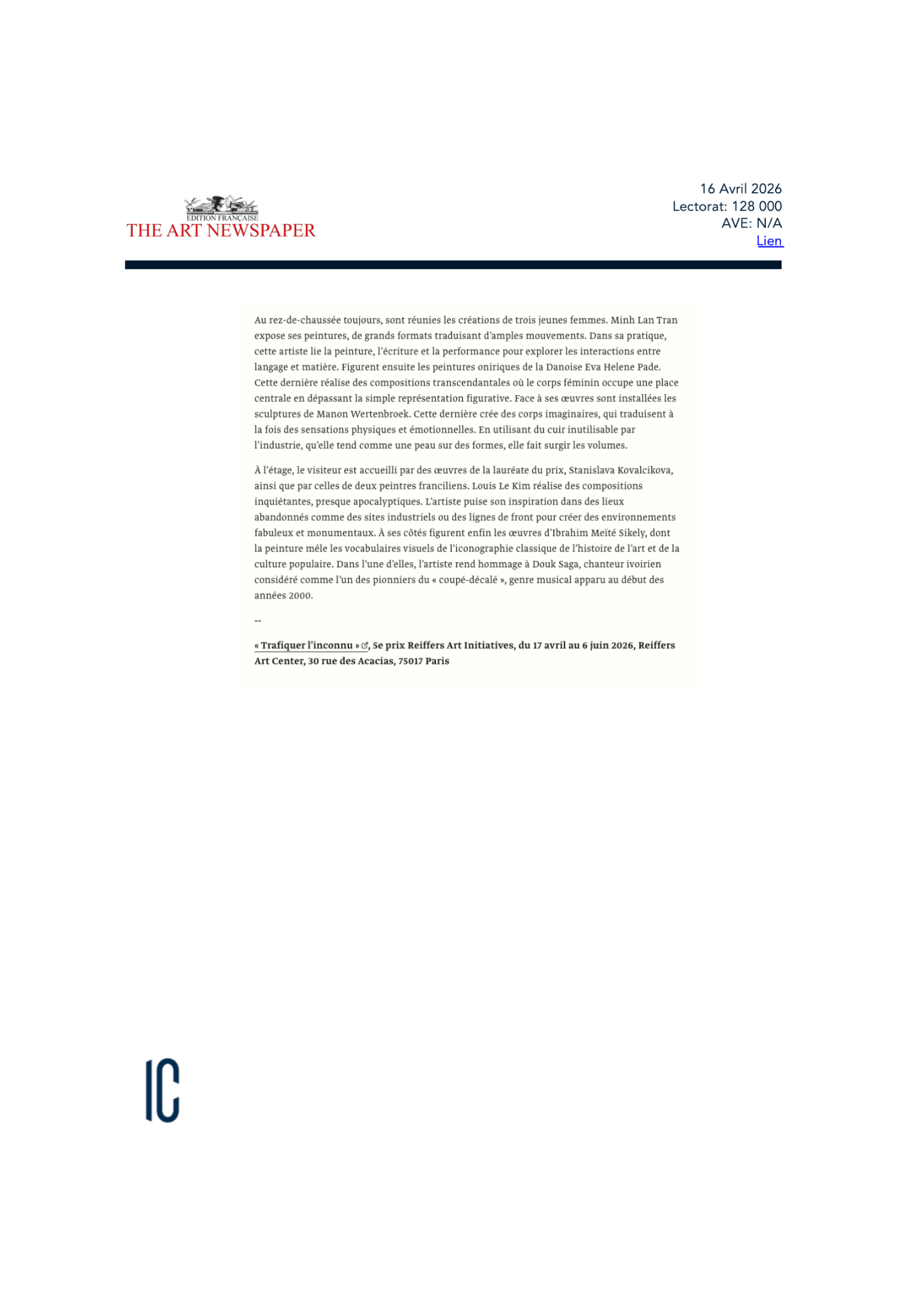 Stanislava Kovalcikova reçoit le Prix Reiffers Art Initiatives 2026