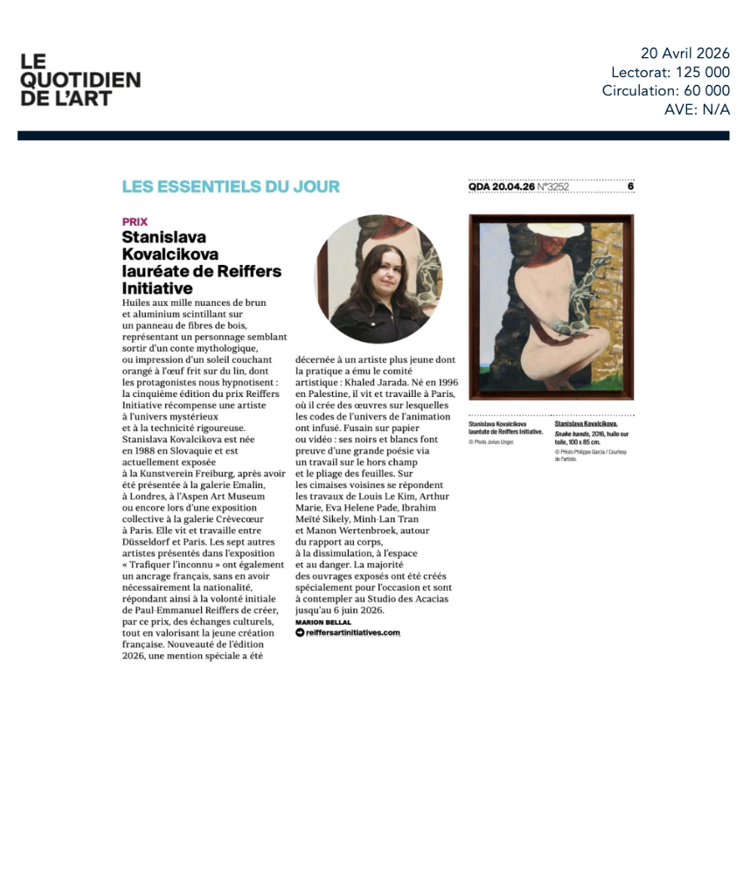 Stanislava Kovalcikova lauréate de Reiffers Inititiatives